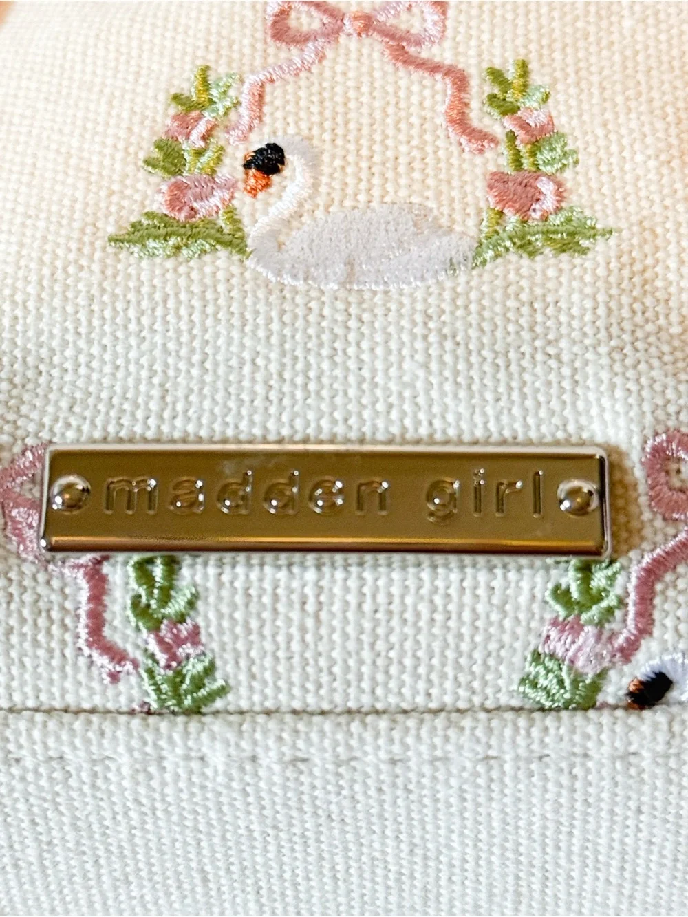 Madden Girl Vital Swan Embroidered Crossbody Mini Tote with Charms & Pouch